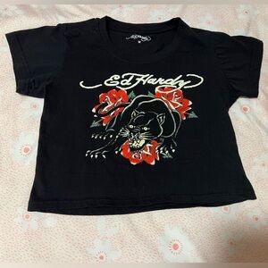 Ed Hardy Y2K Black Crop Baby Tee with Panther and Red Rose Design Sz Medium